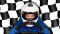 Race or rallye driver blue overall suit with steering wheel and crash helmet in racing seat isolated black white chequered flag Royalty Free Stock Photo