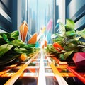 Race to Success: Vibrant Geometric Shapes Sprinting in Futuristic Cityscape