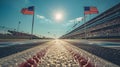 Race track finish line view with American flags fluttering against sunny sky. Concept of motorsport, tournament Royalty Free Stock Photo