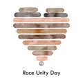 Race Unity Day greeting card. Watercolor textured lines, heart shape frame. Lines in different skin tones, shades of