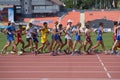 Donetsk, Ukraine - July 13, 2013: Leading group of competitors in the final of 10,000 meters Race Walk during World Youth Champion