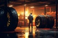 tire man automobile auto mechanic garage vehicle inspection car male transportation. Generative AI.