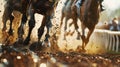 Racehorses and jockeys compete at finish line. Blurred motion background to emphasize speed. Bet concept. Generative AI