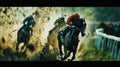 Racehorses and jockeys compete at finish line. Blurred motion background to emphasize speed. Bet concept. Generative AI