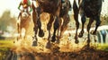 Racehorses and jockeys compete at finish line. Blurred motion background to emphasize speed. Bet concept. Generative AI