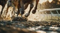 Racehorses and jockeys compete at finish line. Blurred motion background to emphasize speed. Bet concept. Generative AI