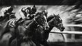 Racehorses and jockeys compete at finish line. Blurred motion background to emphasize speed. Bet concept. Generative AI