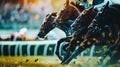 Racehorses and jockeys compete at finish line. Blurred motion background to emphasize speed. Bet concept. Generative AI