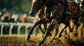Racehorses and jockeys compete at finish line. Blurred motion background to emphasize speed. Bet concept. Generative AI