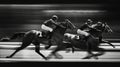 Racehorses and jockeys compete at finish line. Blurred motion background to emphasize speed. Bet concept. Generative AI