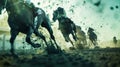 Racehorses and jockeys compete at finish line. Blurred motion background to emphasize speed. Bet concept. Generative AI