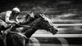 Racehorses and jockeys compete at finish line. Blurred motion background to emphasize speed. Bet concept. Generative AI