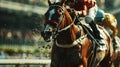 Racehorses and jockeys compete at finish line. Blurred motion background to emphasize speed. Bet concept. Generative AI