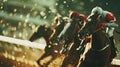 Racehorses and jockeys compete at finish line. Blurred motion background to emphasize speed. Bet concept. Generative AI