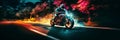 racer biker motorcyclist in helmet rides a sports motorcycle on road in a city race at night. Speed, motion blur