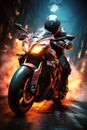 racer biker motorcyclist in helmet rides a sports motorcycle on road in a city race at night. Speed, motion blur