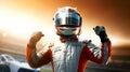 Racer celebrating victory on the race track in a suit. Generative AI. Royalty Free Stock Photo