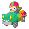 The racer girl is riding a car with the character Royalty Free Stock Photo