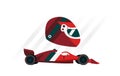 Racer helmet and sports red car in Formula 1. Competitions, championship, team. Side view on a white background