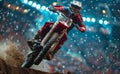 Racer on mountain bike jumps and takes off the ground motocross championship Royalty Free Stock Photo