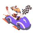 Racer winner at finish during kart racing competition. Winning driver in car, go-cart, gokart with flag at motor road Royalty Free Stock Photo