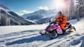 Racers ride snowmobile active speed winter snow a adrenaline speed forest, mountains Royalty Free Stock Photo