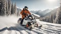 Racers ride snowmobile active speed winter suit a magnificent snowy forest, mountains Royalty Free Stock Photo