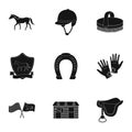 Races on horseback, hippodrome. Horse racing and equipping riders.Hippodrome and horse icon in set collection on black