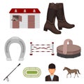 Races on horseback, hippodrome. Horse racing and equipping riders.Hippodrome and horse icon in set collection on cartoon