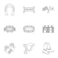 Races on horseback, hippodrome. Horse racing and equipping riders.Hippodrome and horse icon in set collection on outline