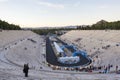 Races passing the finish line at the Athens Authentically Marathon on Panathenaic Stadium Royalty Free Stock Photo