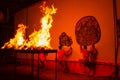 Rachaburi, Thailand - April 14, 2015: Youth show perform Grand Shadow Play in night at Wat Khanon.Rachaburi, Thailand.The ancient