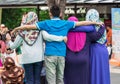 Racial harmony pose of several muslim women in Sentosa Merlion Park, Singapore, March 15 2019 Royalty Free Stock Photo