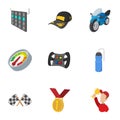 Racing accessories icons set, cartoon style