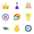 Racing accessories icons set, cartoon style