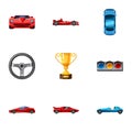 Racing accessories icons set, cartoon style