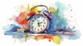 Racing Against Time: Watercolor Concept of a Stressful Deadline with Calendar and Alarm Clock .