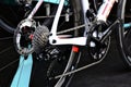 racing bicycle rear wheel closeup view. gearshift, gearwheel and black spokes Royalty Free Stock Photo