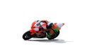 Racing bike rider leaning into a fast corner on a white background