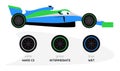 Racing car, choice of tires for rainy weather. Formula 1 sports car side view. Hard, intermediate, wet wheels. Driving Royalty Free Stock Photo