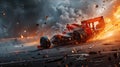 Racing car driving fast during accident, sports vehicle runs with fire and smoke on track. Flame, wreckage and sparks on road. Royalty Free Stock Photo