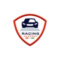 Racing car logo academy design in emblem Illustration, secure driving car shield steering wheel icon logo Royalty Free Stock Photo