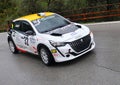 Racing car Peugeot 208 GT Line, during an uphill speed race in the rain