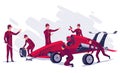 Racing car on pit stop flat vector illustration. Professional mechanics and racer cartoon characters. Engineers team in