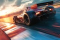 Racing car speeds, dominating track with adrenaline fueled intensity, thrilling action