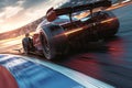 Racing car speeds, dominating track with adrenaline fueled intensity, thrilling action