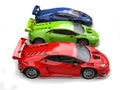 Racing cars in red, green and blue - top down side view Royalty Free Stock Photo