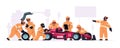 Racing crew. Cartoon pit stop team in uniform working on race car. Mechanic workers changing wheels of bolide Royalty Free Stock Photo