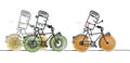 Cartoon three sporty cyclists with big fruity wheels