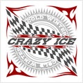 Racing emblem, crossed checkered flags, wheel and text on black.